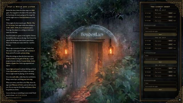 The BorderLAN website presents a glowing cellar door between ornate panels for the event introduction and booking a seat.