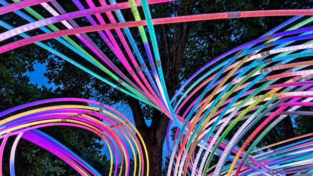 Looking up through Kagora, multicoloured ribs weave around a tree trunk against the deep blue evening sky.