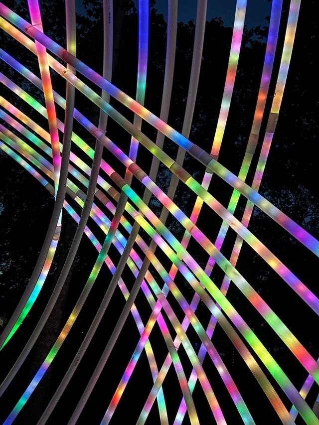 Coloured points of light glow through crossing tubes, revealing the connectors and joints holding the weave together.