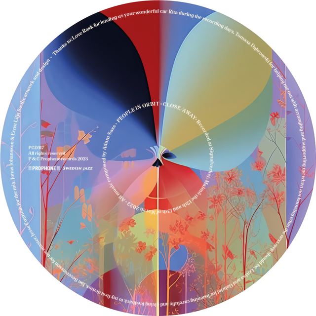 The Close/Away vinyl label, a circle of overlapping coloured petals and plants with the credits running around the edge.