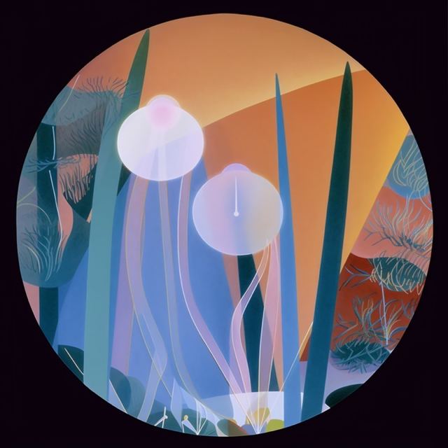 The original circular botanical illustration, with seed heads, reeds and a low sun.
