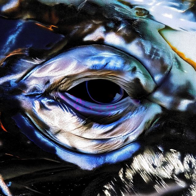 Single artwork for Synchronized Whalestuff: a close view of a whale's eye in blue, silver and black.