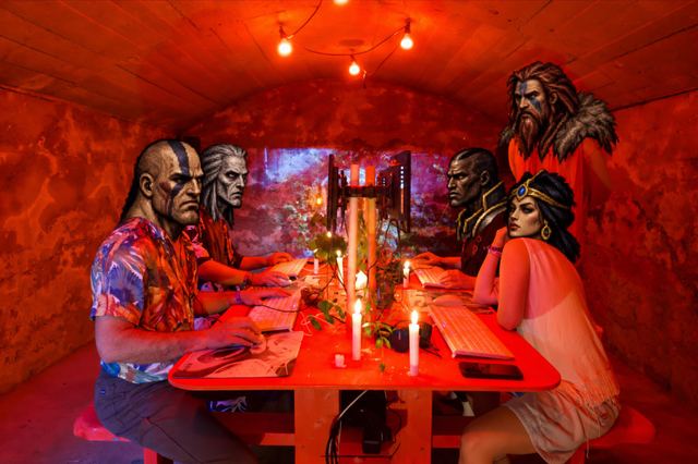 Players gather around BorderLAN's candlelit red table, with their heads replaced by pixel-art Diablo II character portraits.