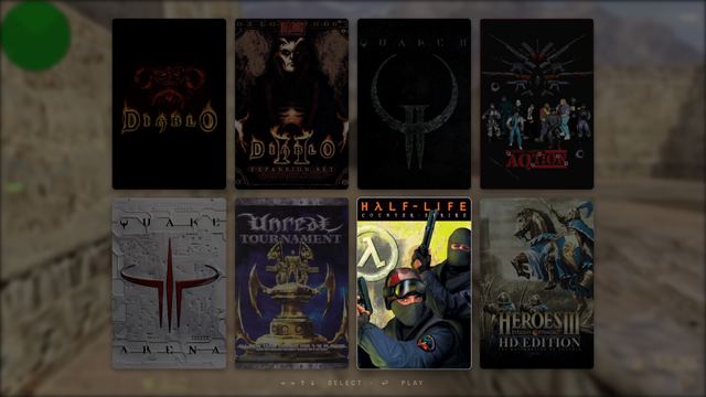 The custom BorderLAN launcher shows all eight game covers, with Counter-Strike 1.6 selected.