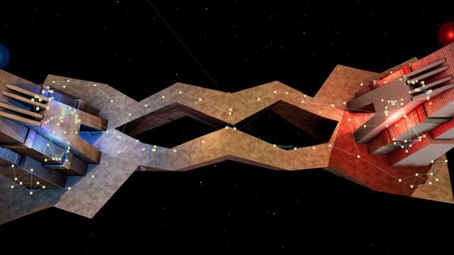 The original CTF-Face navigation network is drawn as hundreds of connected lines across the two towers and bridge.