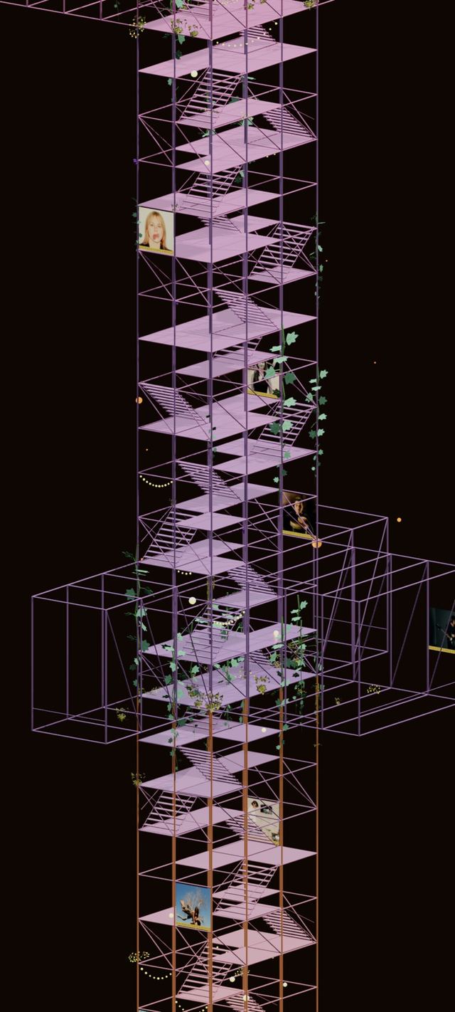 The middle of the tower, where the light turns lilac: stair runs doubling back on themselves, a stage cage pushed out on all four sides, artists' photographs hung on the panels.