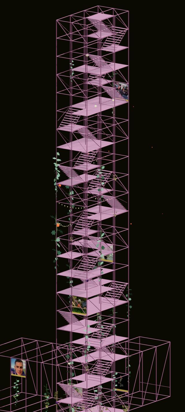 The summit of the tower in pink light, the last cage at its foot and the stairs running up past the top of the frame.