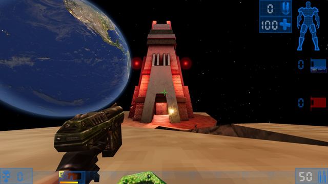 A first-person player aims an Enforcer across the bridge at the red tower while the UT99-style HUD shows health, ammunition and both flags.