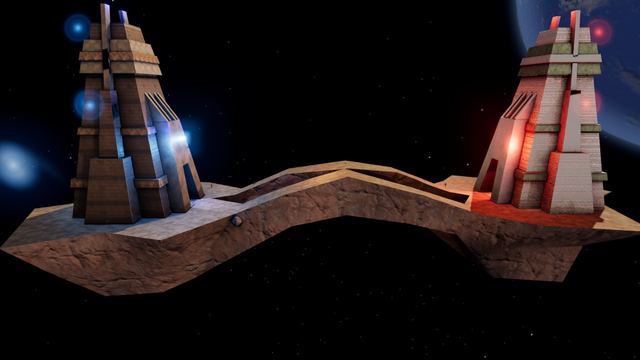 The blue and red towers of Facing Worlds rise from opposite ends of an asteroid bridge in space.