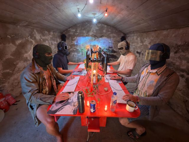 Four players sit around BorderLAN's red gaming table beneath a vaulted stone ceiling, with classic Counter-Strike character heads superimposed over all four heads.