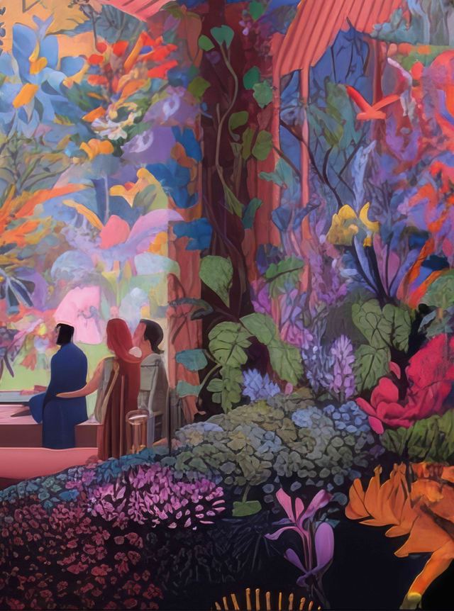 Detail of the right side of the front cover: three figures watching among pink and orange plants.