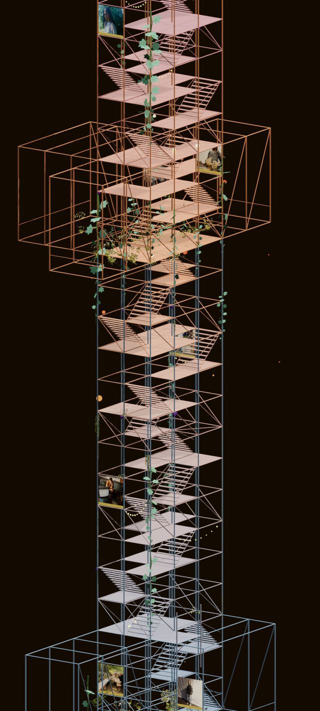 The ground of the ODE JOY tower, rendered without its writing: stairs and platforms in terracotta and white, a stage cage around the lowest floors, a vine already climbing.