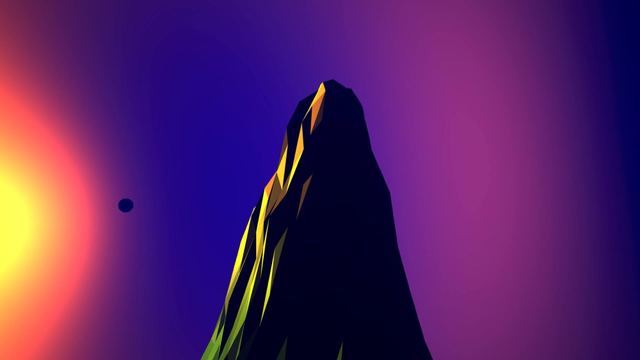 A sharply faceted dark mountain catches golden light against a violet sky and orange sun.